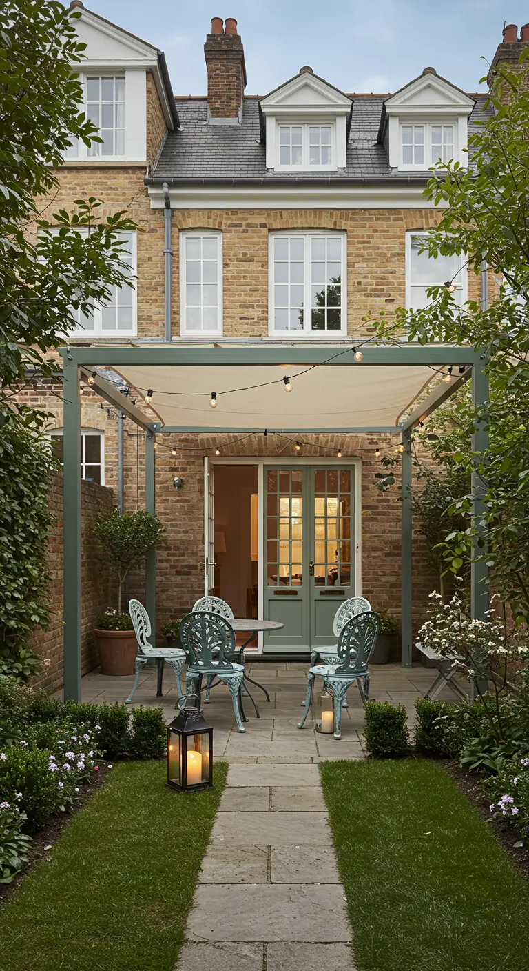 Pergola vert sauge dans le jardin d'une maison en briques, assortie à la porte.