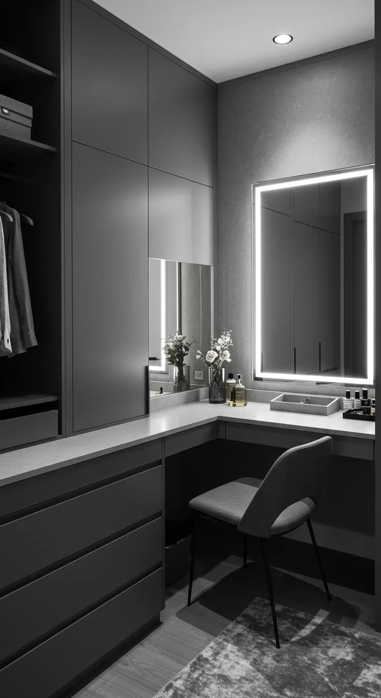 Dressing gris anthracite avec coiffeuse minimaliste, miroir éclairé et chaise sobre.