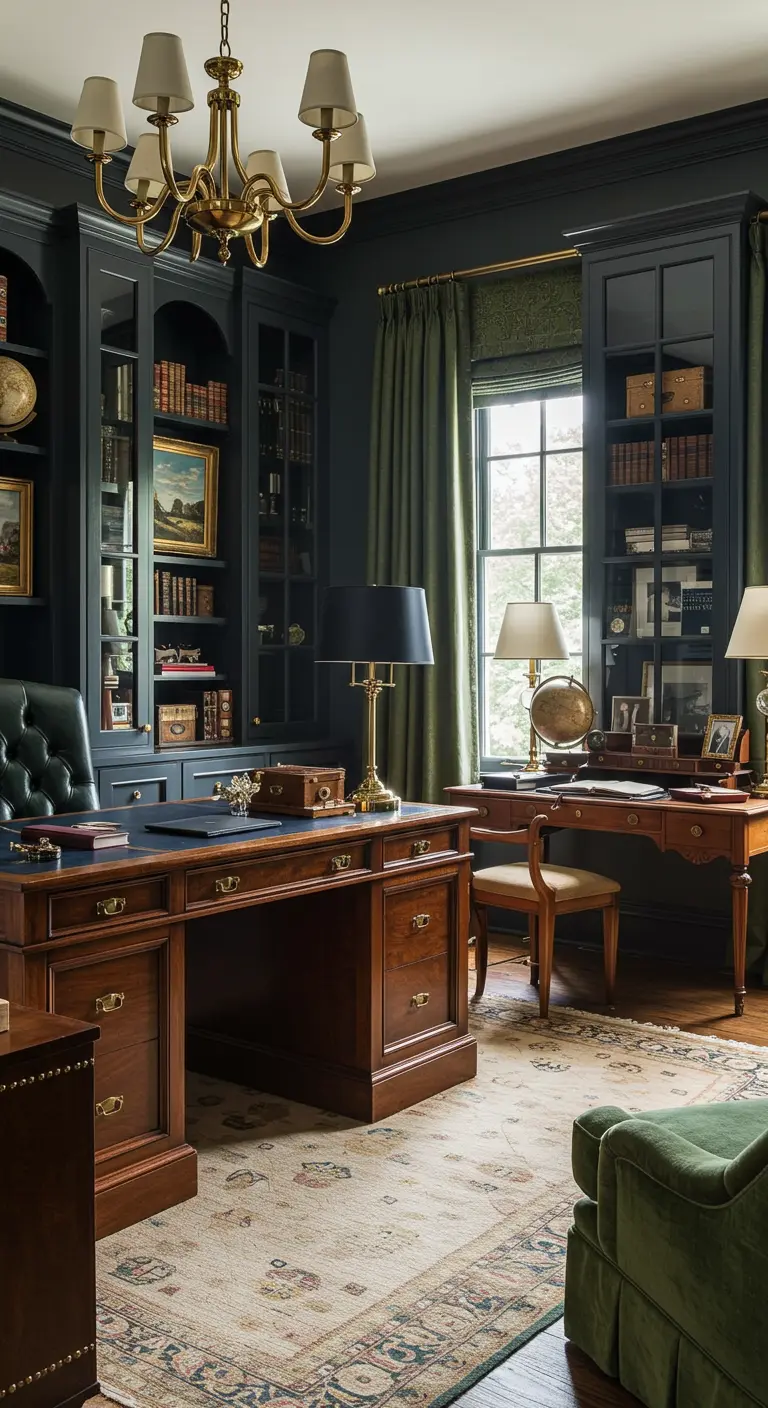 Bureau classique luxueux avec mobilier en bois foncé, bibliothèque et fauteuil en cuir