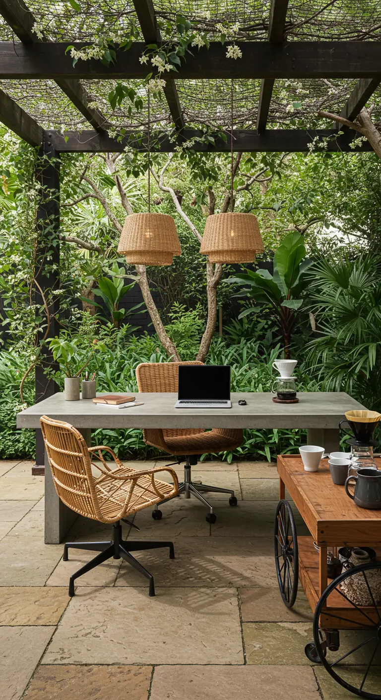 Bureau d'extérieur sous pergola végétalisée, table en béton, chaises en rotin et luminaires tressés.