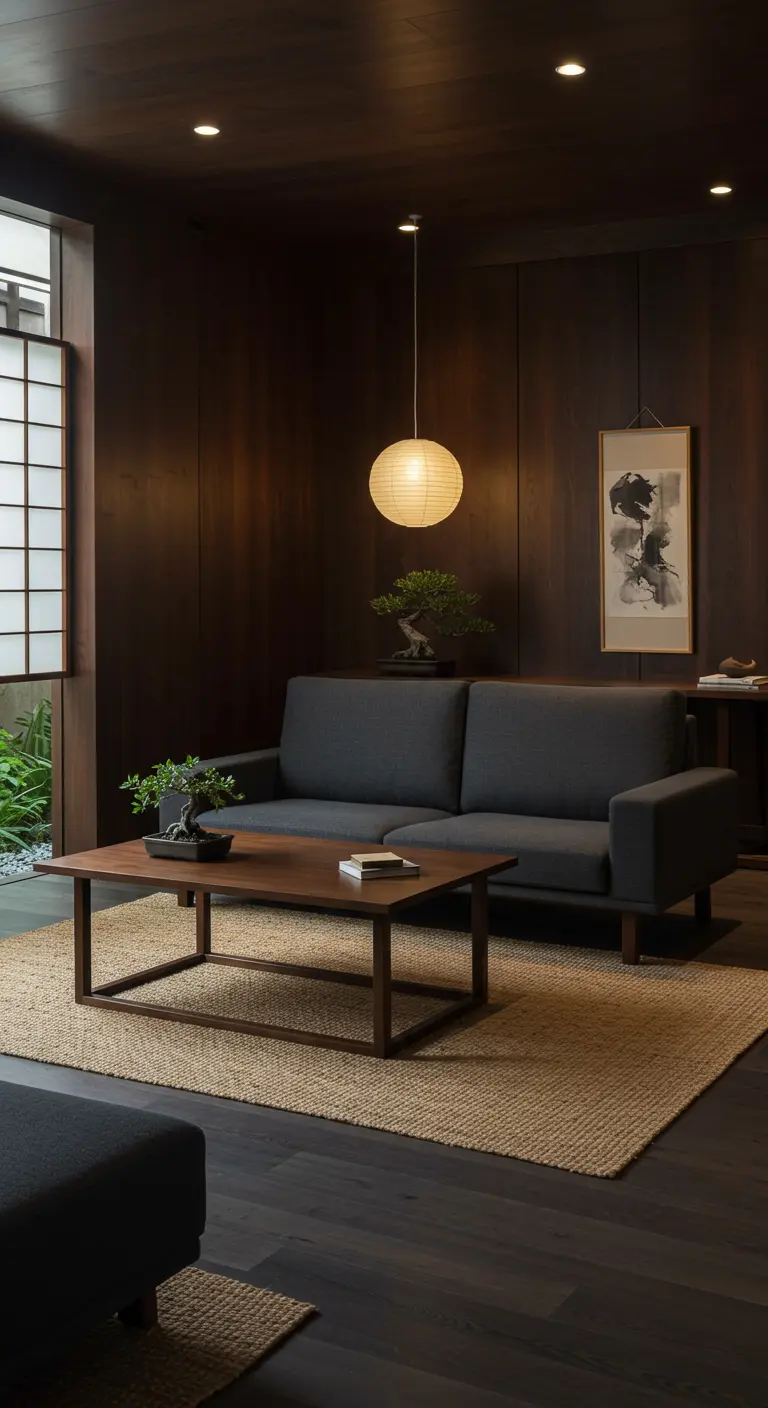 Salon Japandi sombre avec boiseries, canapé gris foncé, lanterne en papier, bonsaï et tapis en jute.