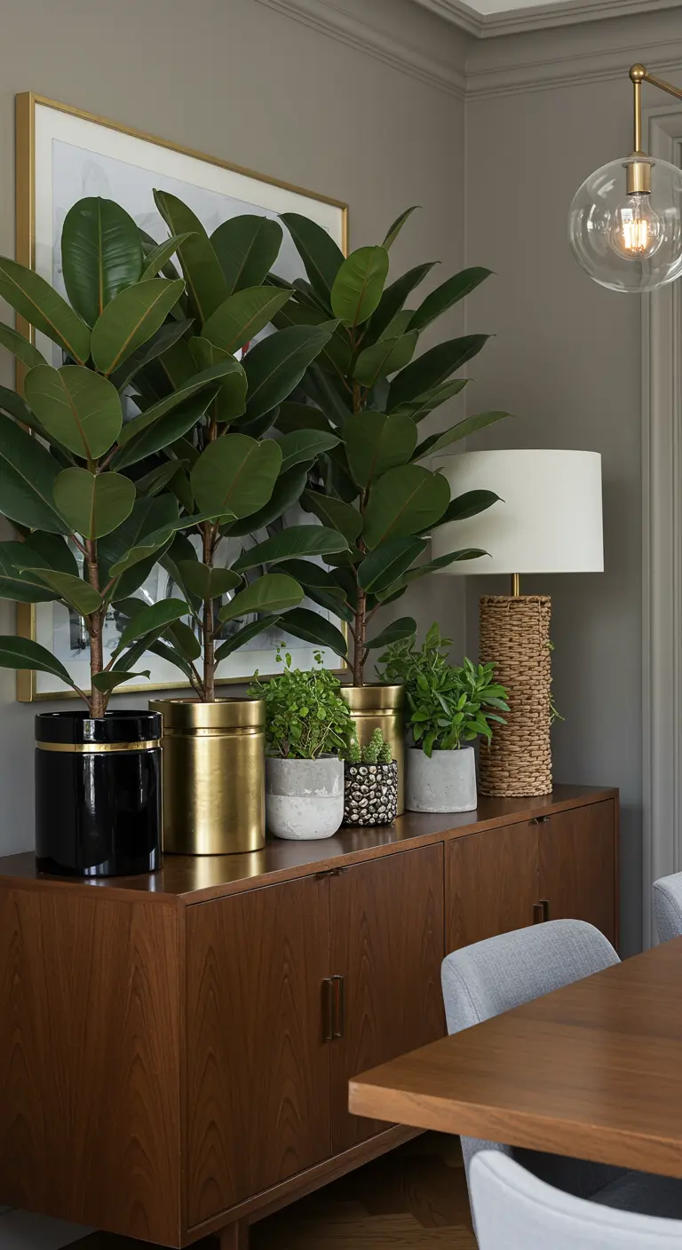 Buffet en bois avec Ficus elastica en pots dorés et noirs, plantes variées.