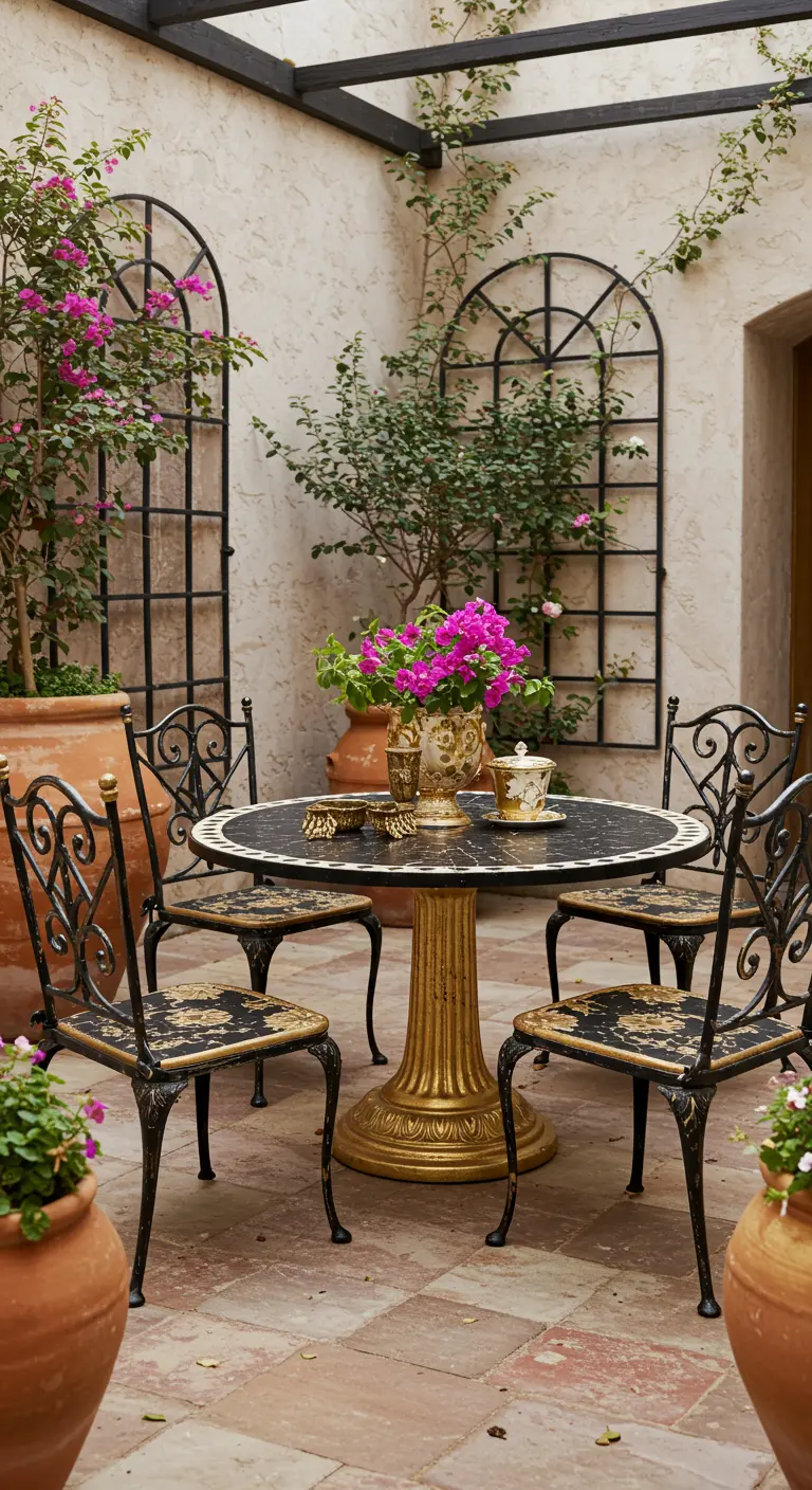 Table et chaises en fer forgé noir et or dans une cour, avec bougainvilliers roses.