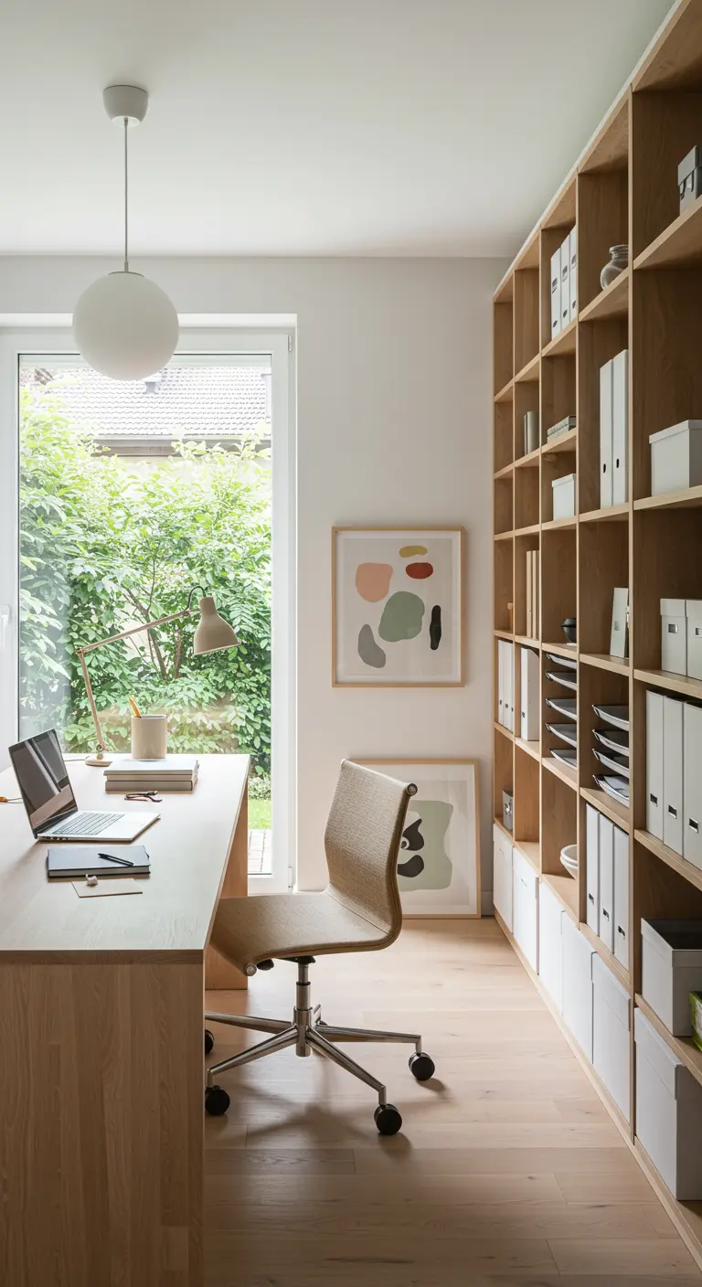 Bureau minimaliste en bois clair avec étagères intégrées et grande fenêtre lumineuse.