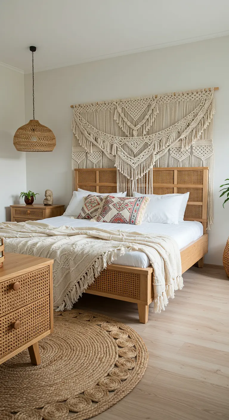 Chambre bohème avec lit et tables de chevet en rotin, grand macramé et tapis en jute rond.