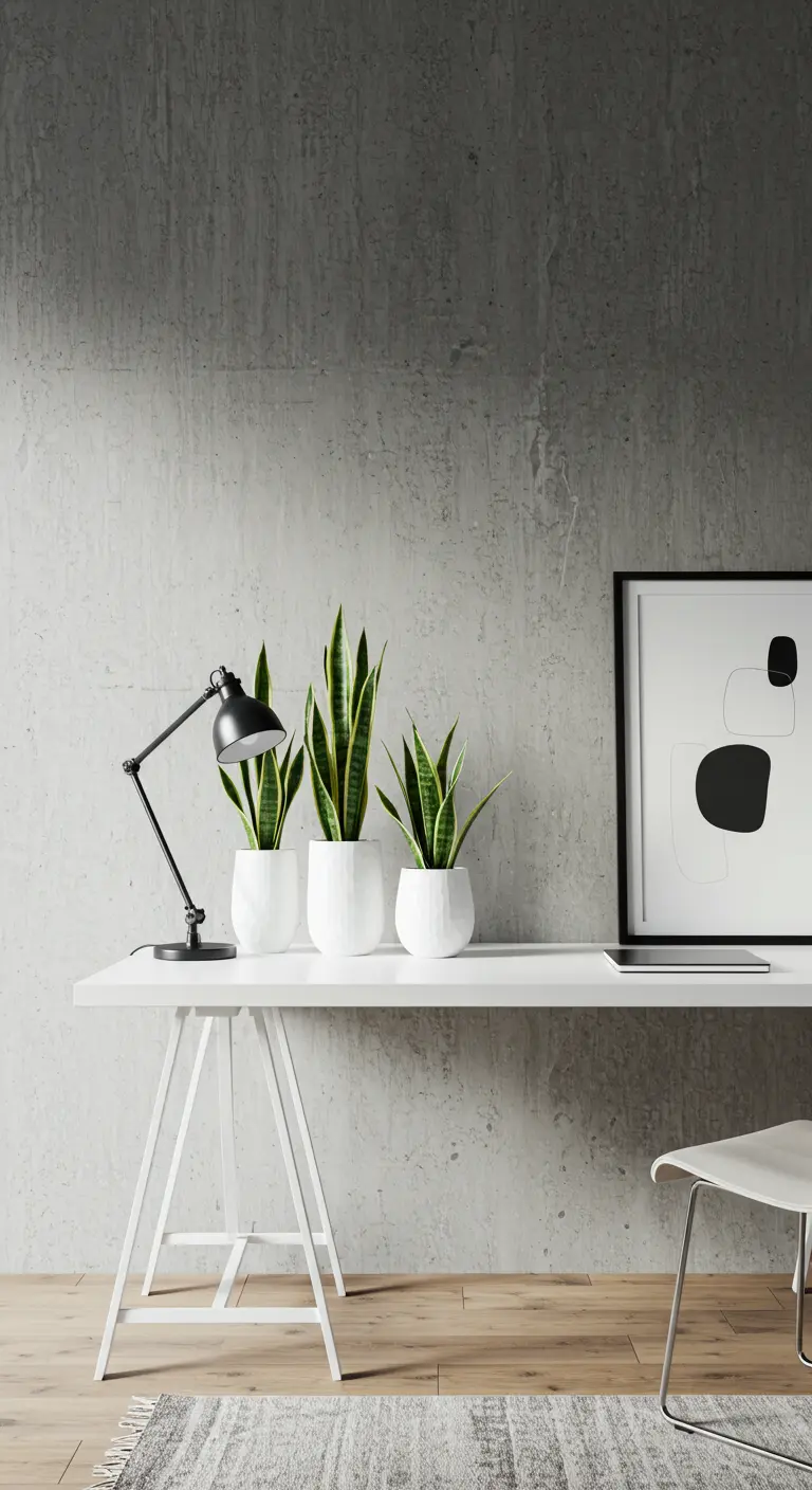 Trois Sansevierias en pots blancs alignés sur un bureau blanc devant un mur en béton gris.