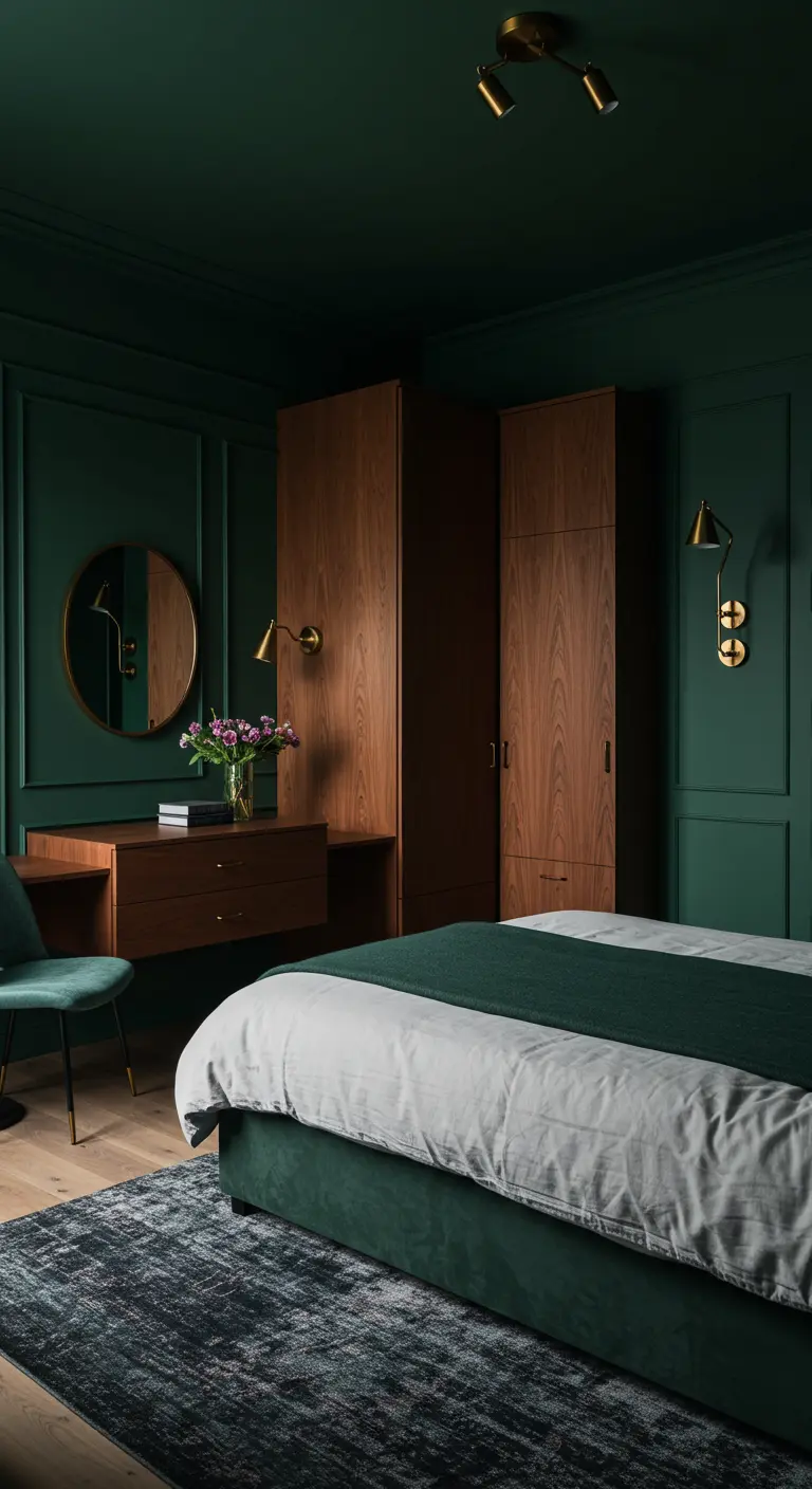 Chambre élégante avec murs et plafond vert foncé, mobilier en noyer et touches de laiton.
