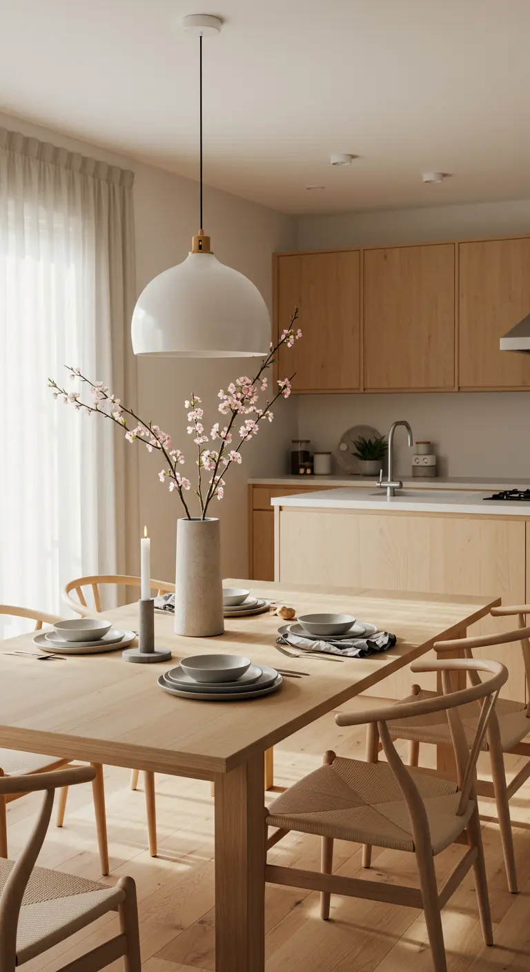 Table à manger Japandi en bois clair avec chaises assorties, vase de cerisiers en fleurs, et bougie sobre.