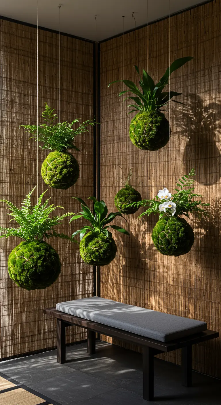 Plusieurs kokedamas (boules de mousse) avec des plantes suspendus dans une pièce zen.
