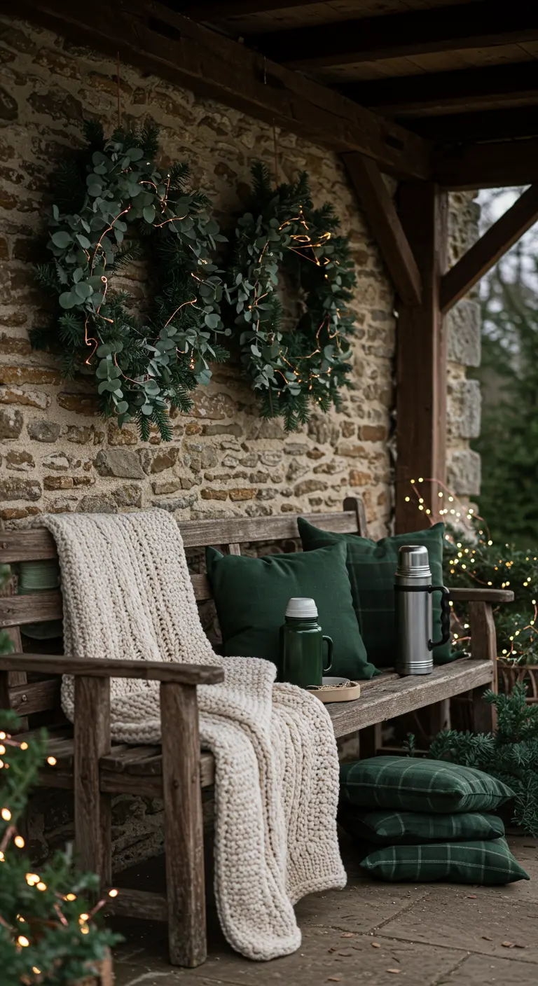 Banc en bois avec plaid tricoté, coussins verts et couronnes d'eucalyptus lumineuses.