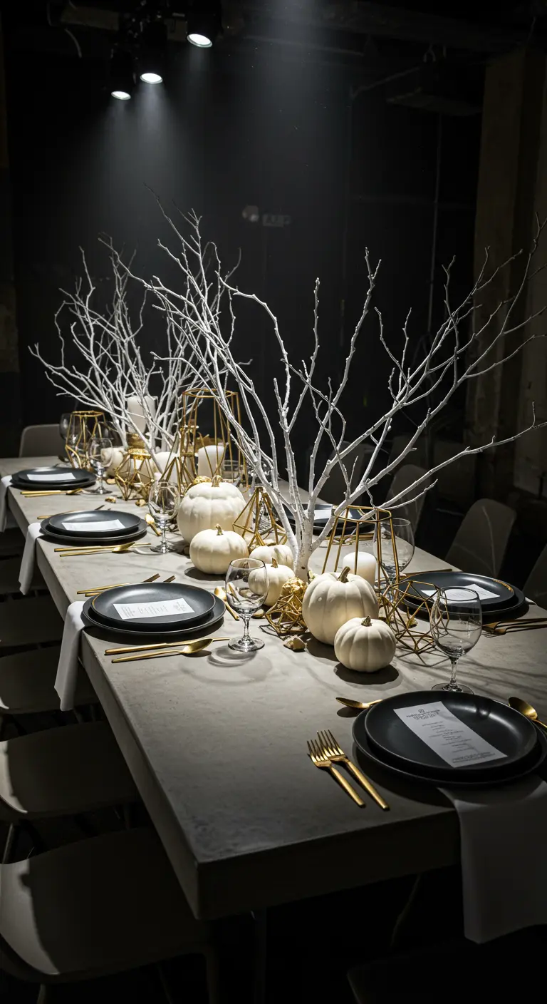 Table moderne en béton, branches blanches, citrouilles blanches, éléments géométriques dorés, assiettes noires.