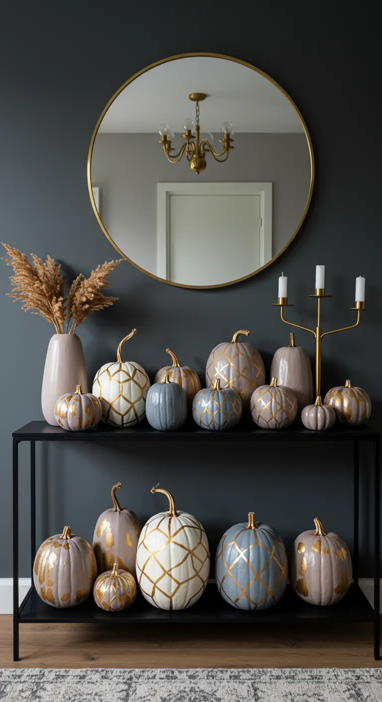 Console noire avec des citrouilles peintes en rose, bleu et blanc avec des motifs dorés.