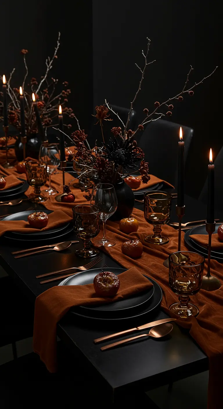 Table de dîner sombre et élégante avec bougies noires et branches séchées.