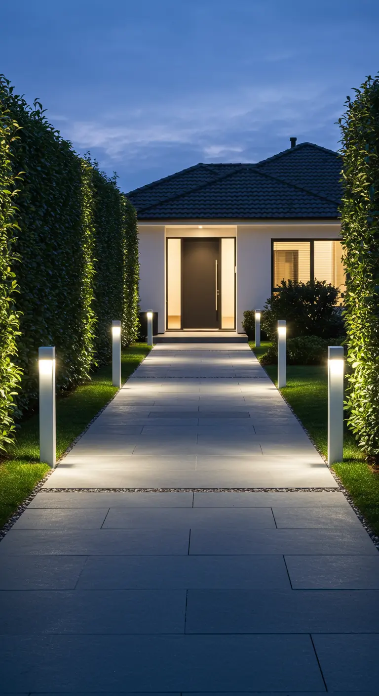 Allée moderne en dalles grises bordée de bornes lumineuses et de haies vertes.