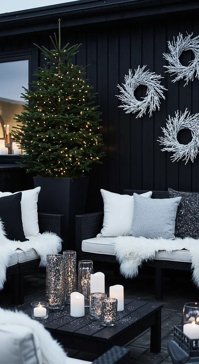 Patio noir et blanc avec sapin illuminé, couronnes blanches sur mur foncé, lanternes décorées.