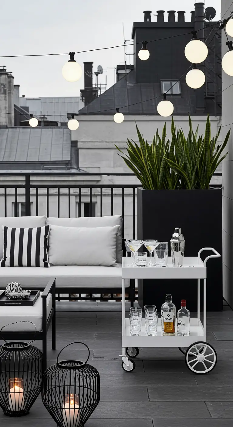 Terrasse moderne en noir et blanc avec un chariot-bar, un canapé et des lanternes.