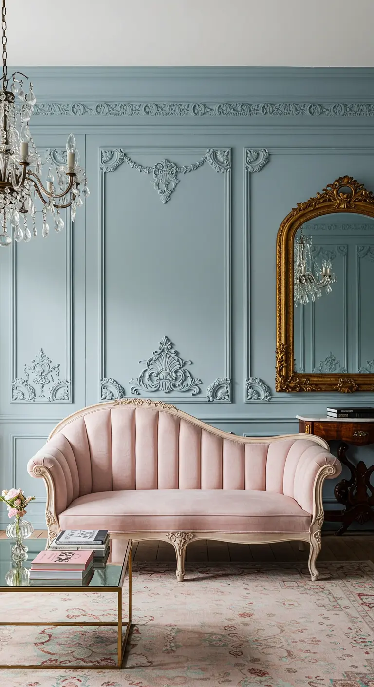 Mur bleu poudré orné de moulures décoratives de style haussmannien, avec un canapé rose.