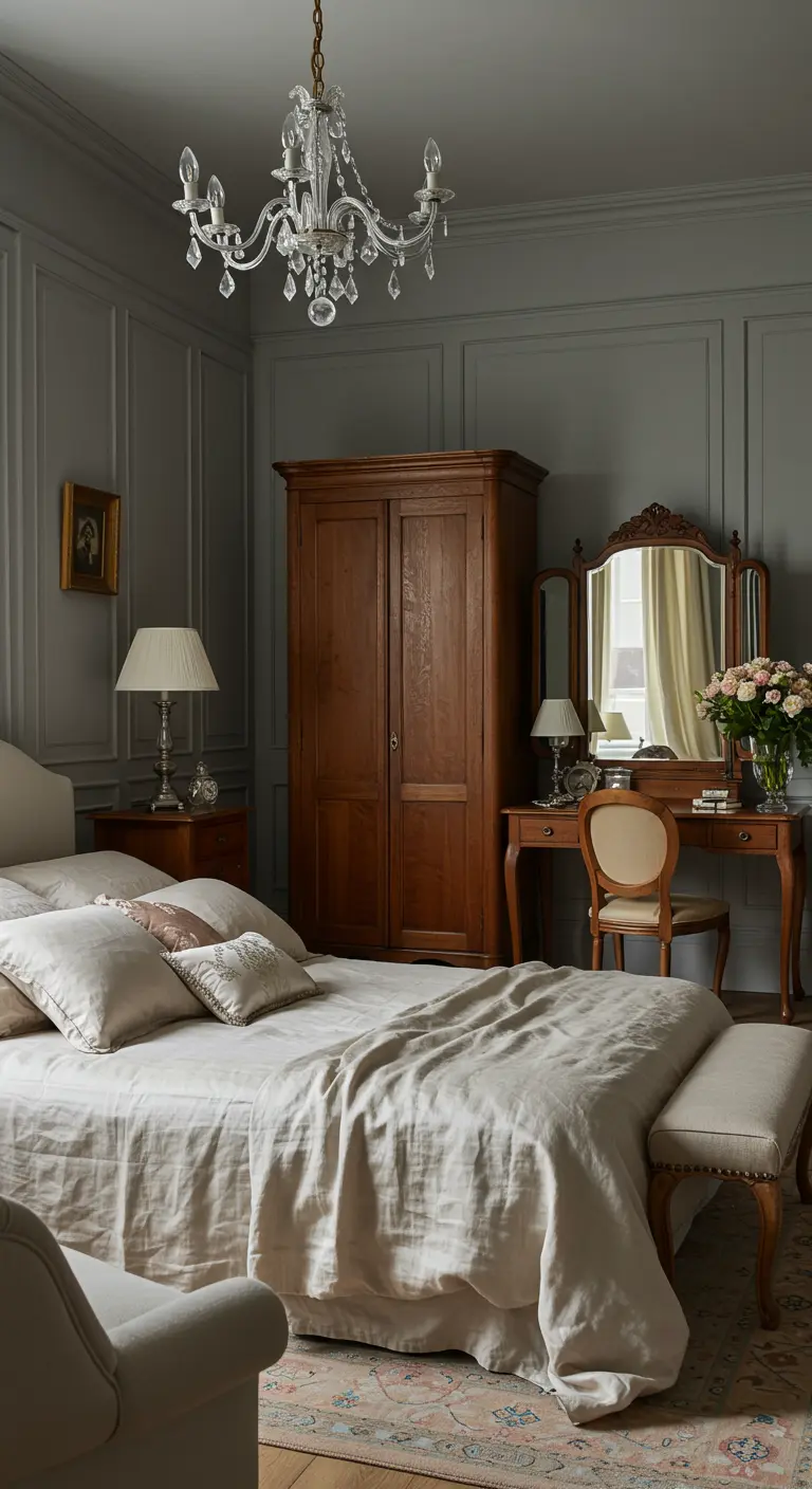 Chambre de style classique avec murs gris, mobilier ancien en bois et lustre.
