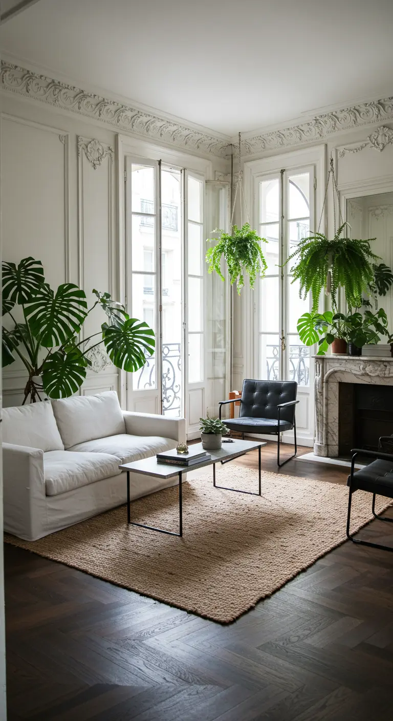 Salon parisien avec moulures, parquet foncé, plantes suspendues et canapé blanc.