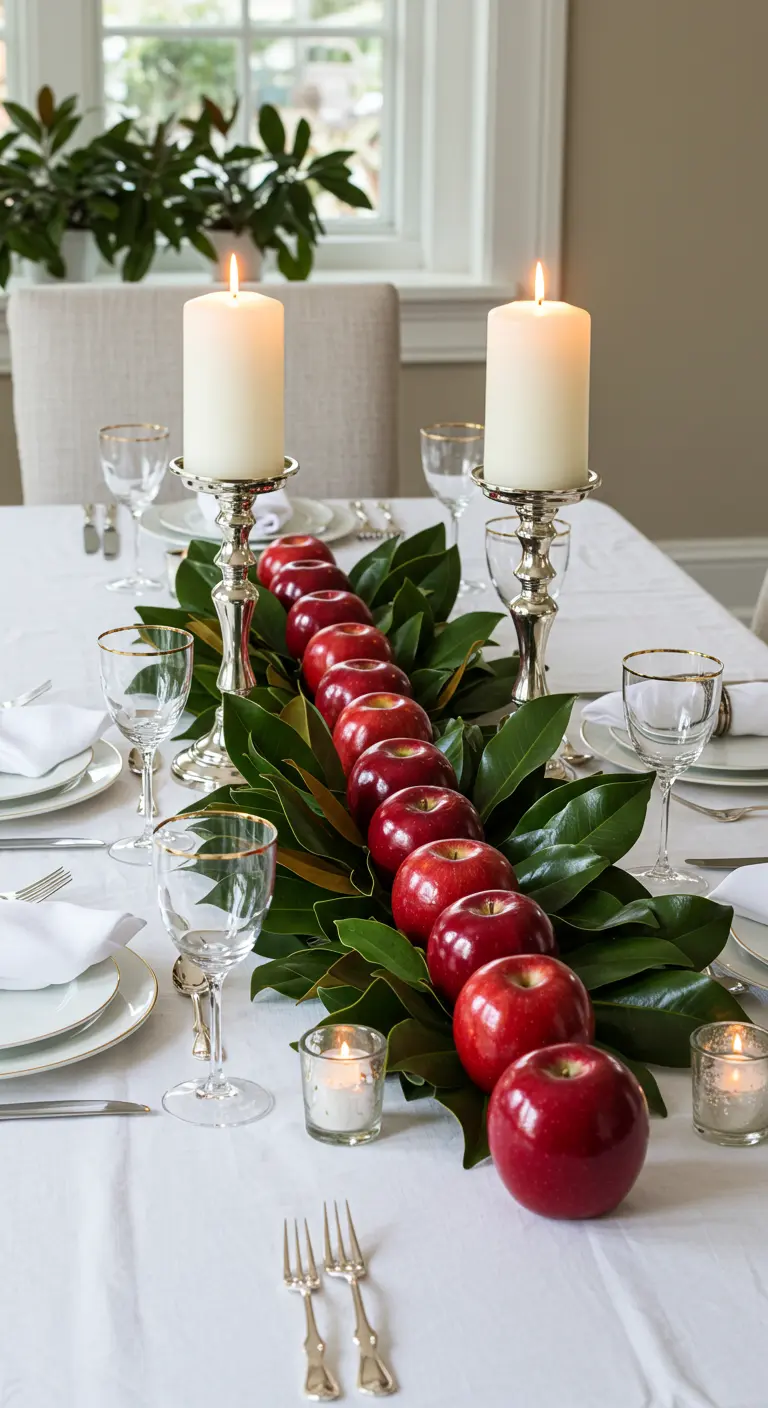 Chemin de table avec des feuilles de magnolia vertes et une rangée de pommes rouges, encadrées de chandeliers argentés.