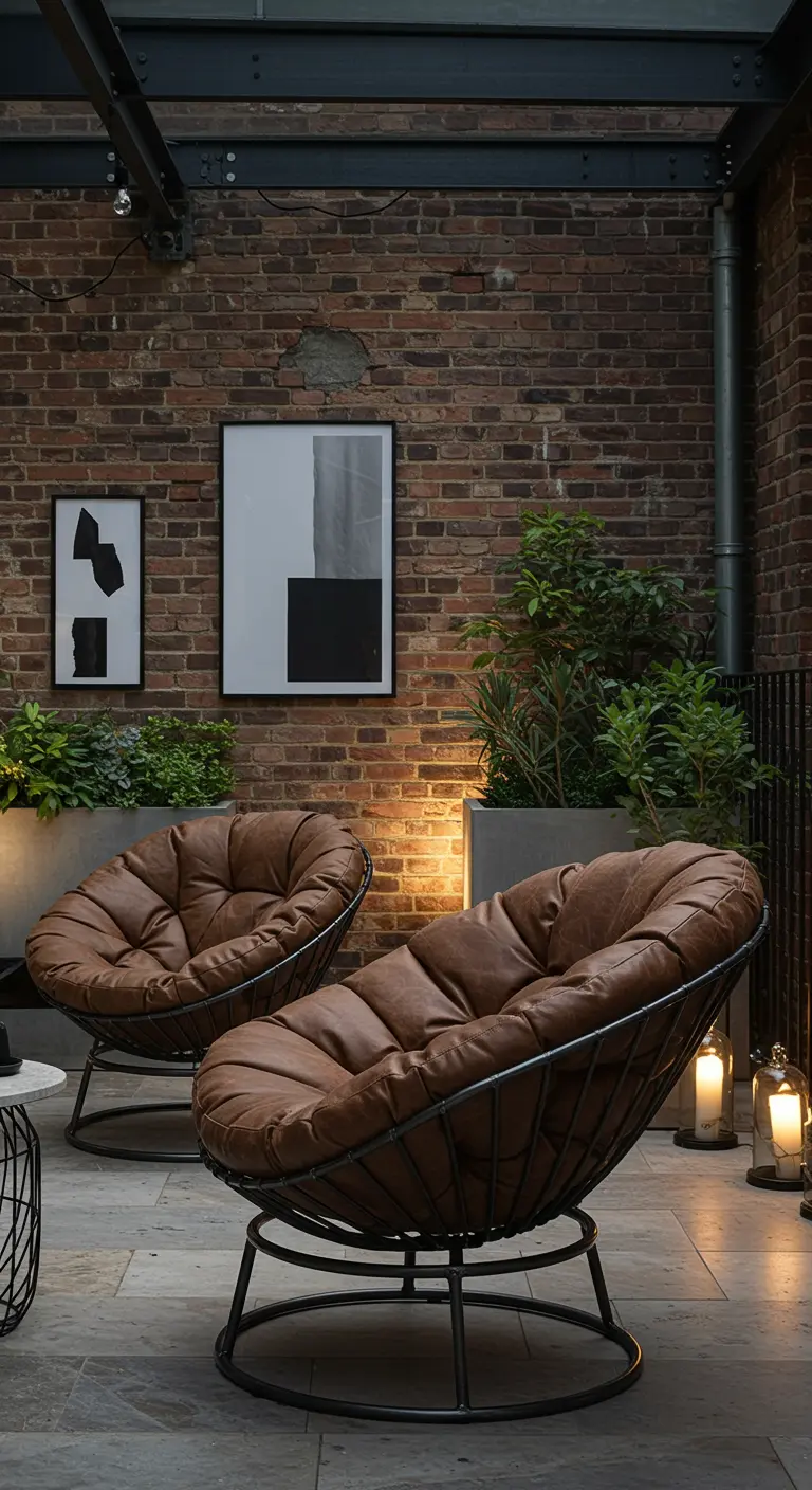 Deux fauteuils avec coussins en cuir brun sur un patio industriel avec mur de briques.