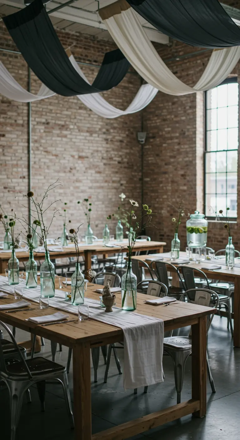Décoration de salle industrielle avec tables en bois, bouteilles recyclées et tissus drapés.