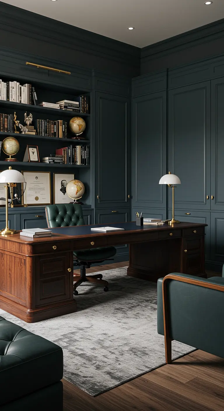 Bureau classique avec boiseries sombres, grande bibliothèque et bureau en bois massif.