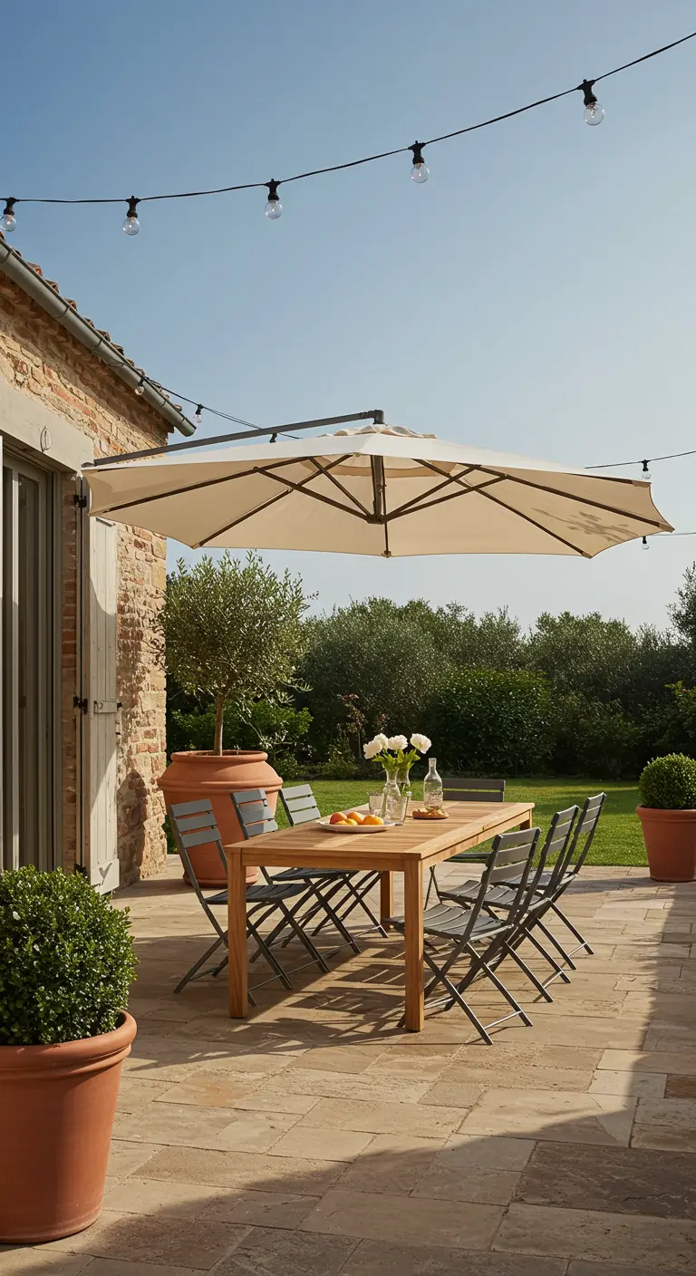 Table en bois patiné, chaises métal gris, grand parasol déporté sur terrasse en pierre avec oliviers.