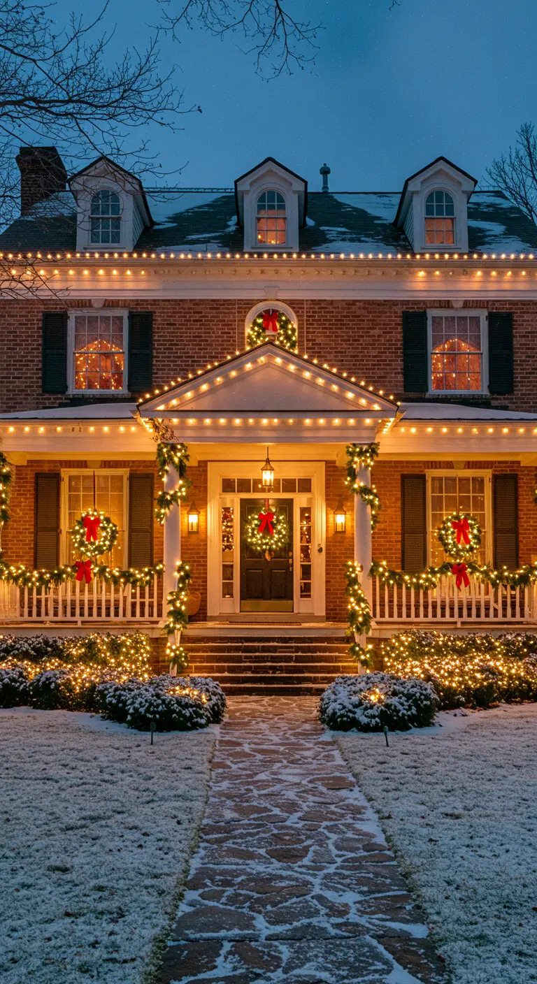 Façade de maison en briques décorée de guirlandes lumineuses chaudes et de couronnes de Noël.