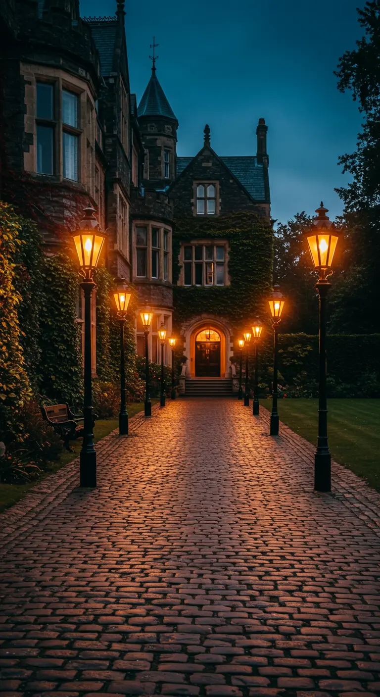 Allée pavée de briques menant à un grand manoir, éclairée par des réverbères anciens.