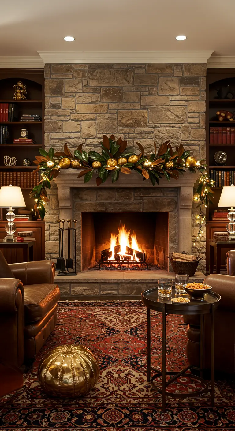 Cheminée en pierre décorée d'une guirlande de magnolia et d'ornements dorés.