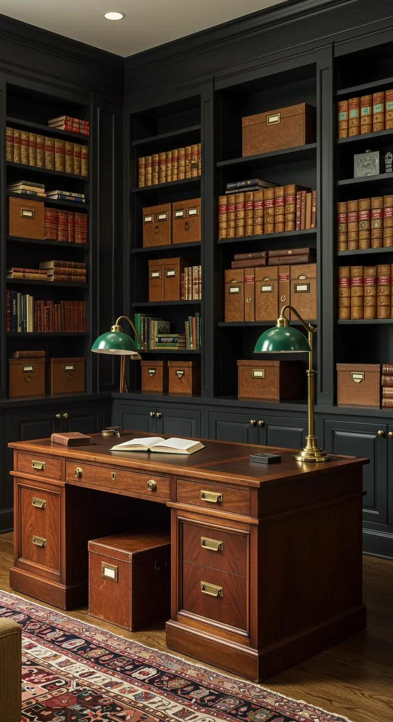 Bureau de style classique avec une grande bibliothèque noire et des boîtes de rangement en cuir.