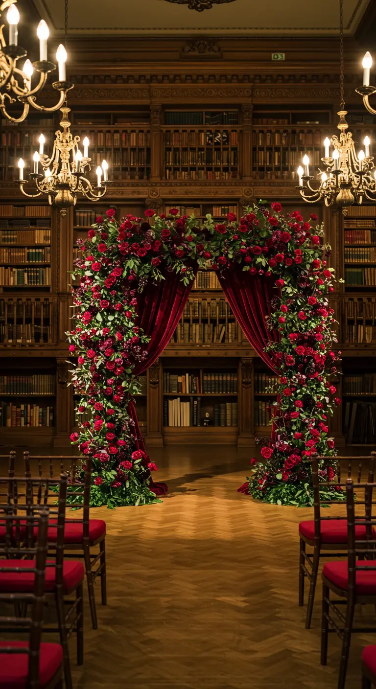 Arche florale rouge et drapés velours dans une bibliothèque ancienne avec boiseries.