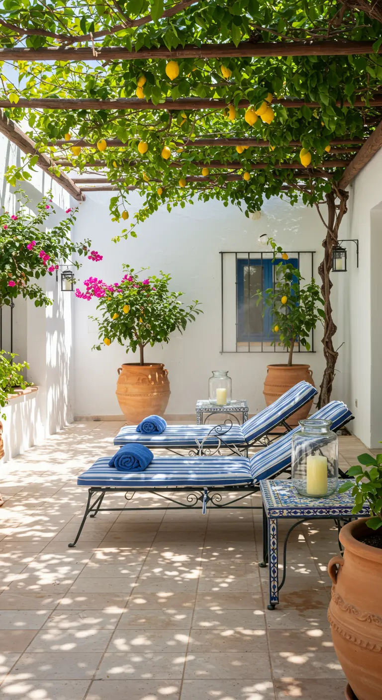 Patio méditerranéen avec pergola de citronniers, deux transats bleus et blancs, et des bougainvilliers en pots.