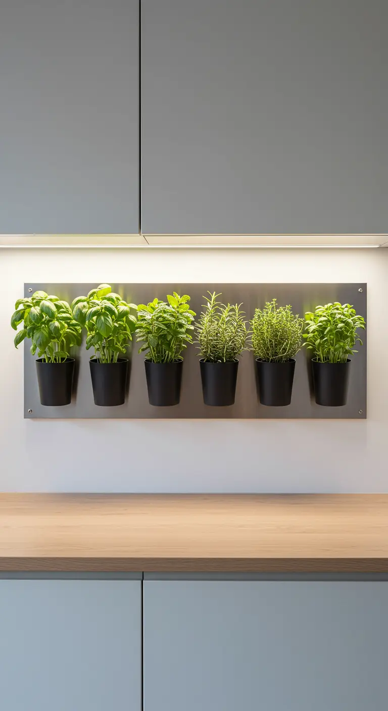Herbes fraîches dans des pots aimantés sur une barre métallique moderne en cuisine.