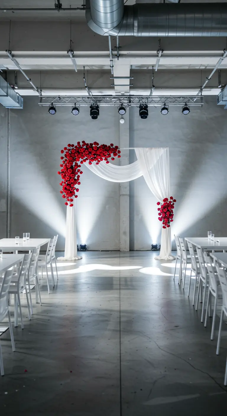 Arche de mariage minimaliste avec drapés blancs et bouquets de roses rouges dans une salle moderne.