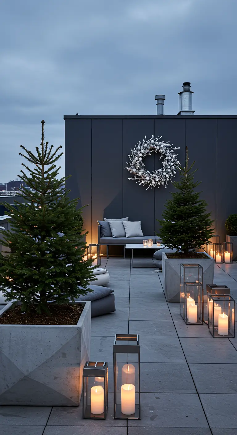 Grande terrasse minimaliste avec des sapins en grands bacs, des lanternes modernes et une couronne blanche.