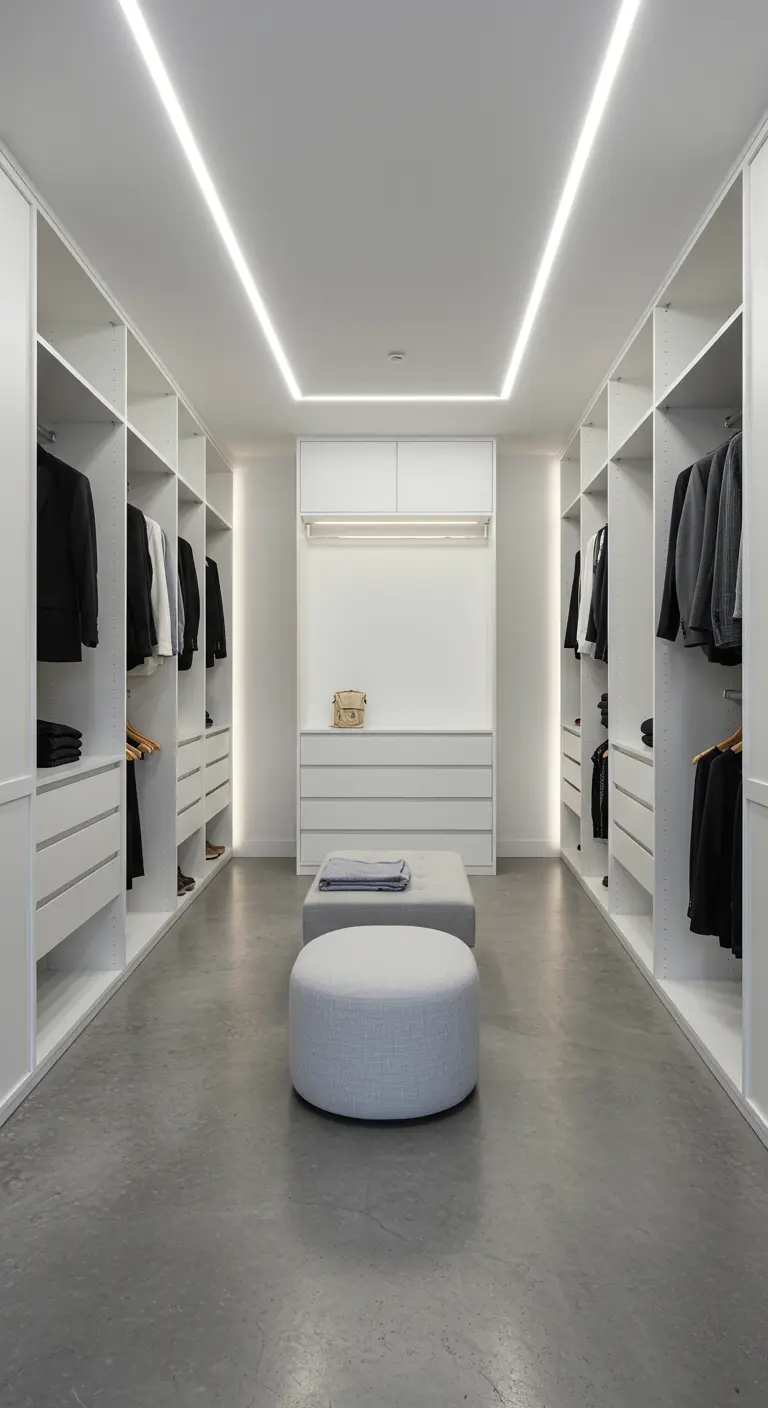Dressing couloir blanc avec éclairage LED intégré et ottoman gris.
