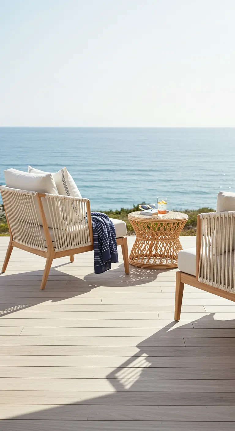 Deux chaises longues en bois clair et corde blanche, une table basse en rotin face à l'océan.