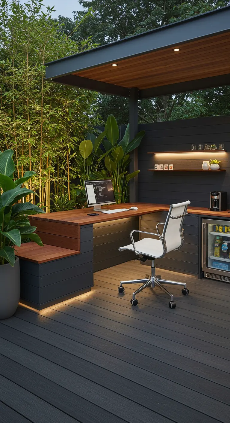 Bureau d'extérieur moderne sous auvent design avec mobilier en bois foncé, mini-bar et éclairage LED.