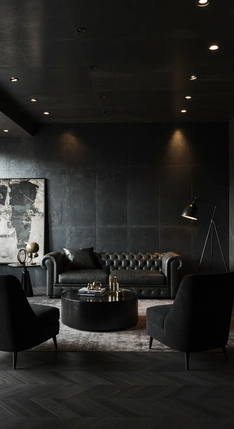 Salon entièrement noir avec canapé chesterfield, table basse ronde, fauteuils et tableau abstrait.