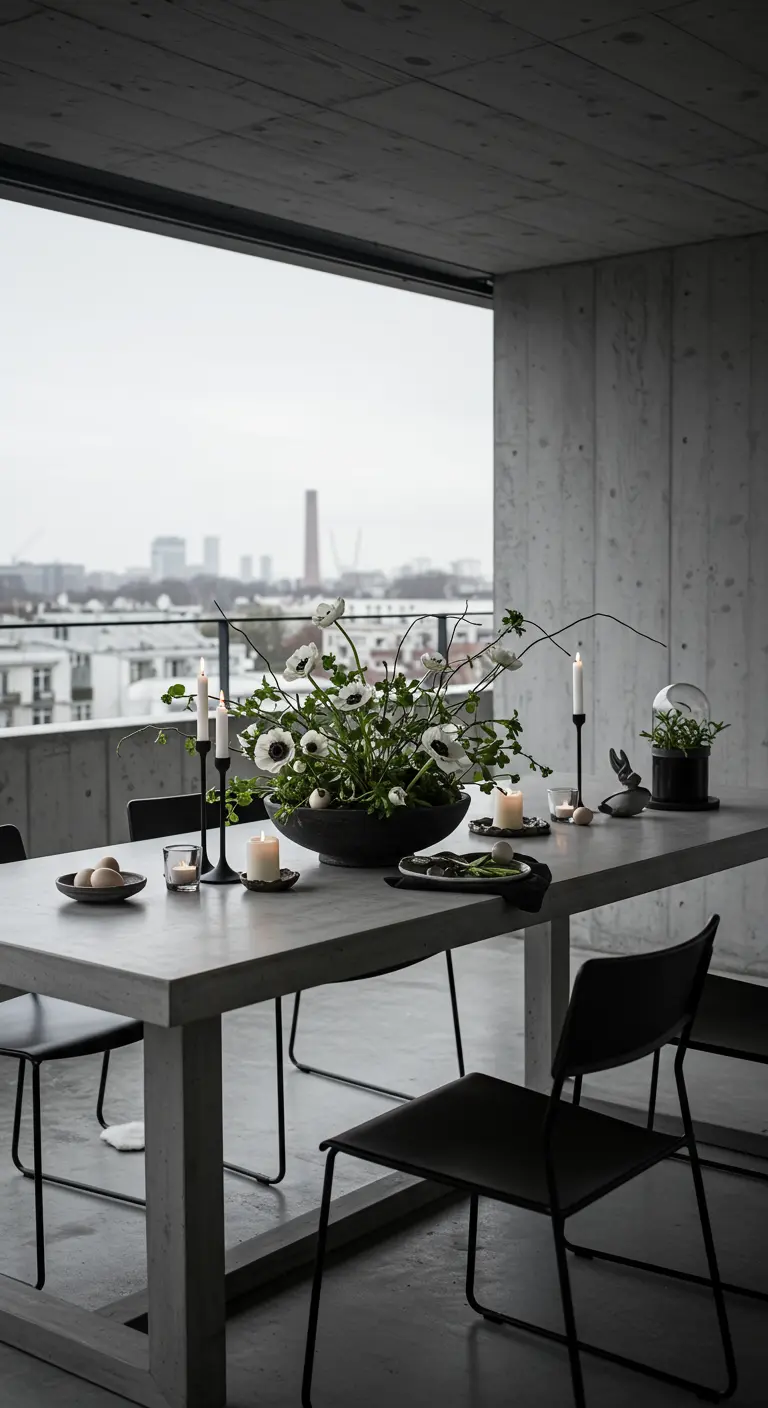Centre de table moderne avec anémones blanches et branches dans une vasque noire, sur une table en béton.
