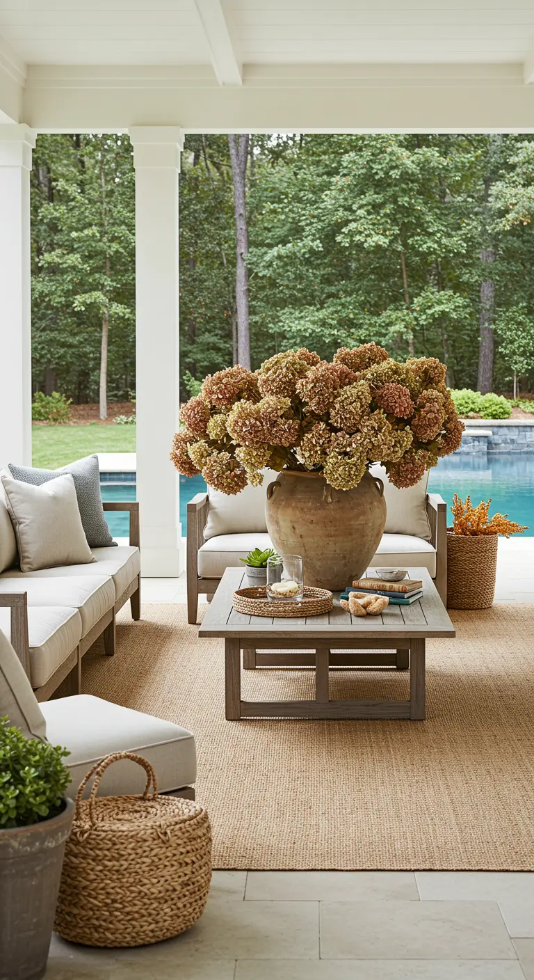 Salon de jardin près d'une piscine avec un grand tapis et une urne d'hortensias.