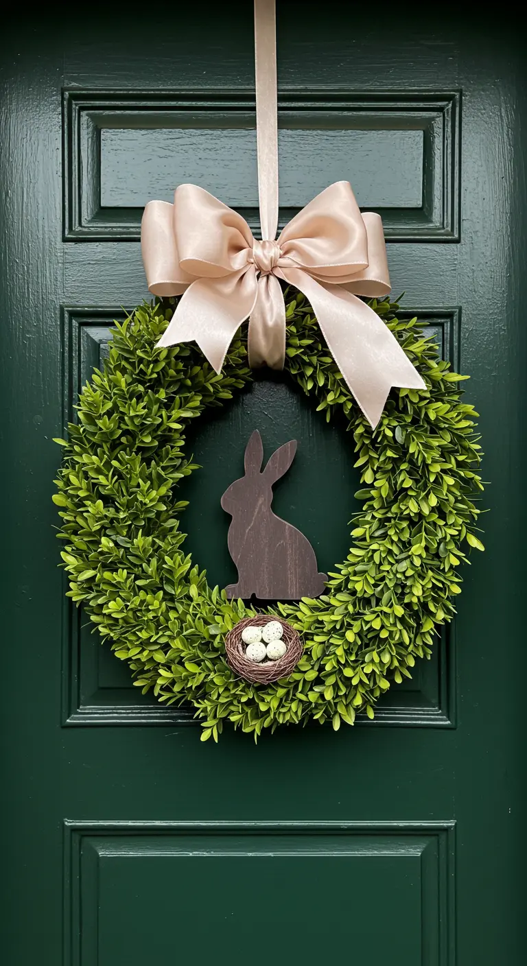 Couronne de buis avec silhouette de lapin en bois sur porte vert foncé.