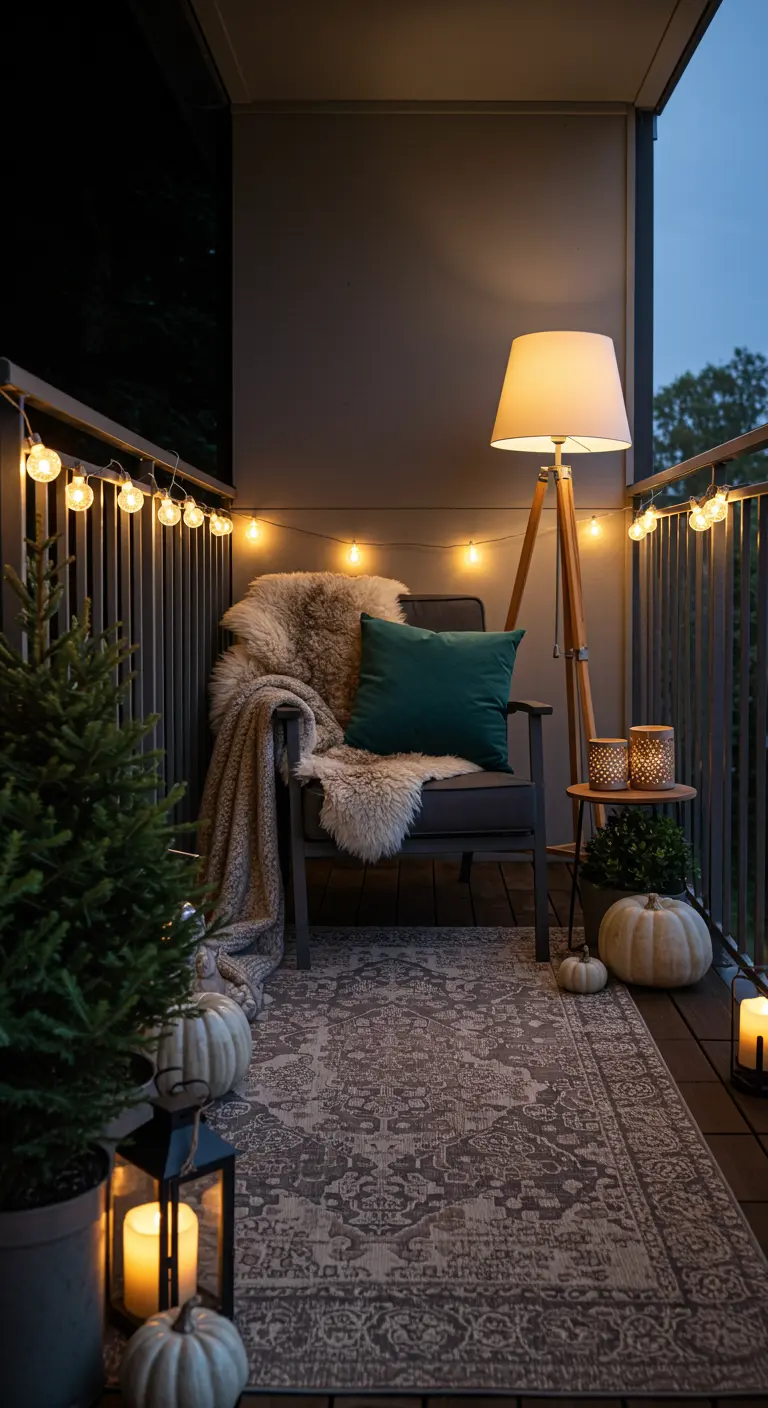 Balcon élégant avec fauteuil, tapis graphique, lampe sur pied, guirlandes lumineuses et citrouilles blanches.