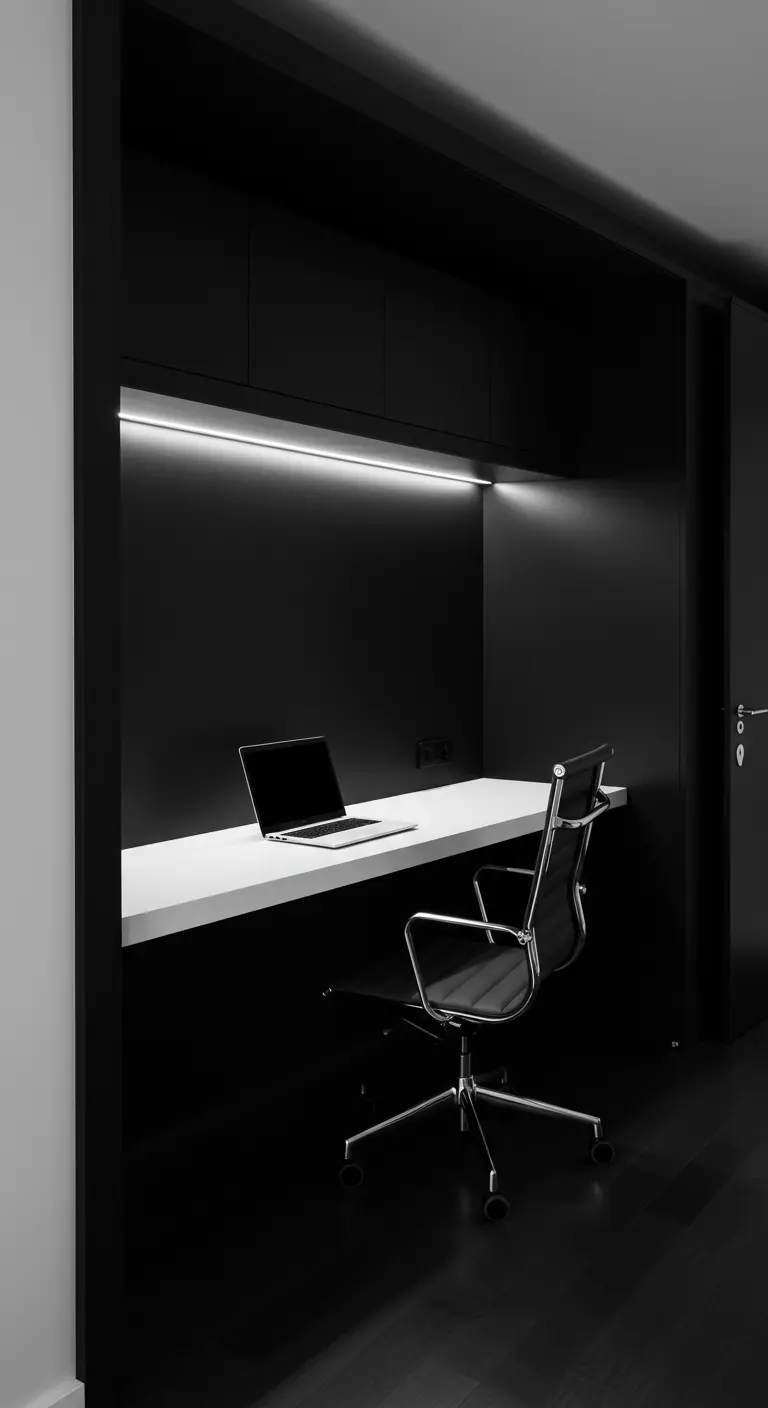 Bureau noir et blanc très contrasté dans une niche entièrement noire.