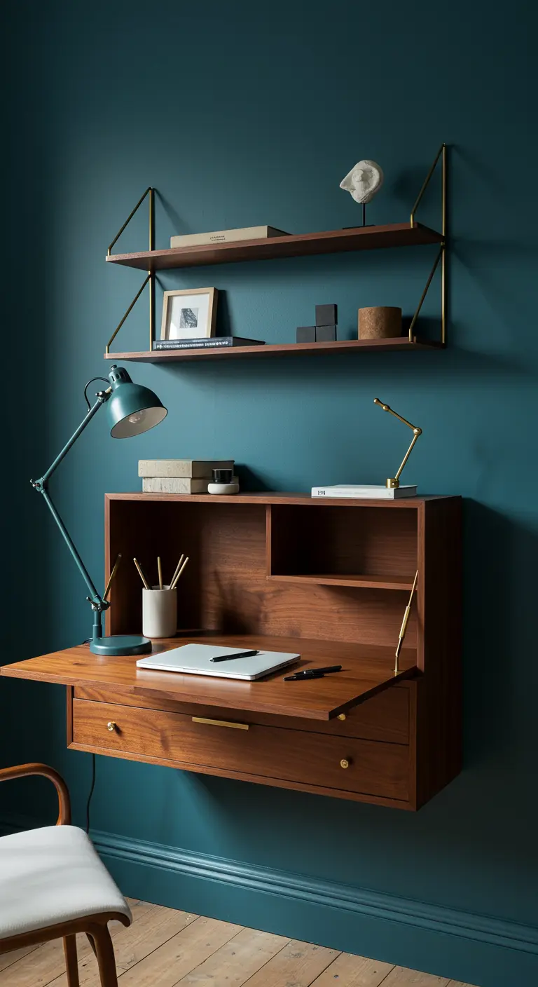 Secrétaire mural mid-century en noyer sur un mur bleu canard, avec des détails en laiton.