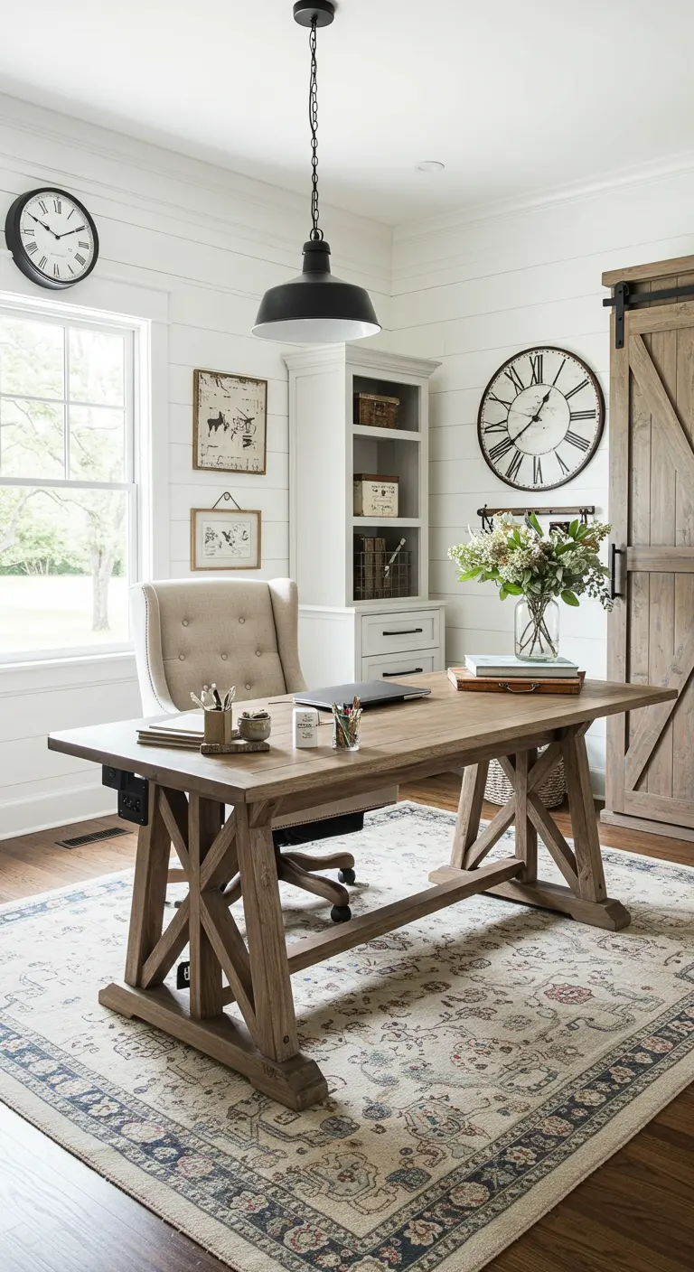 Bureau rustique chic en bois avec tapis à motifs et chaise capitonnée