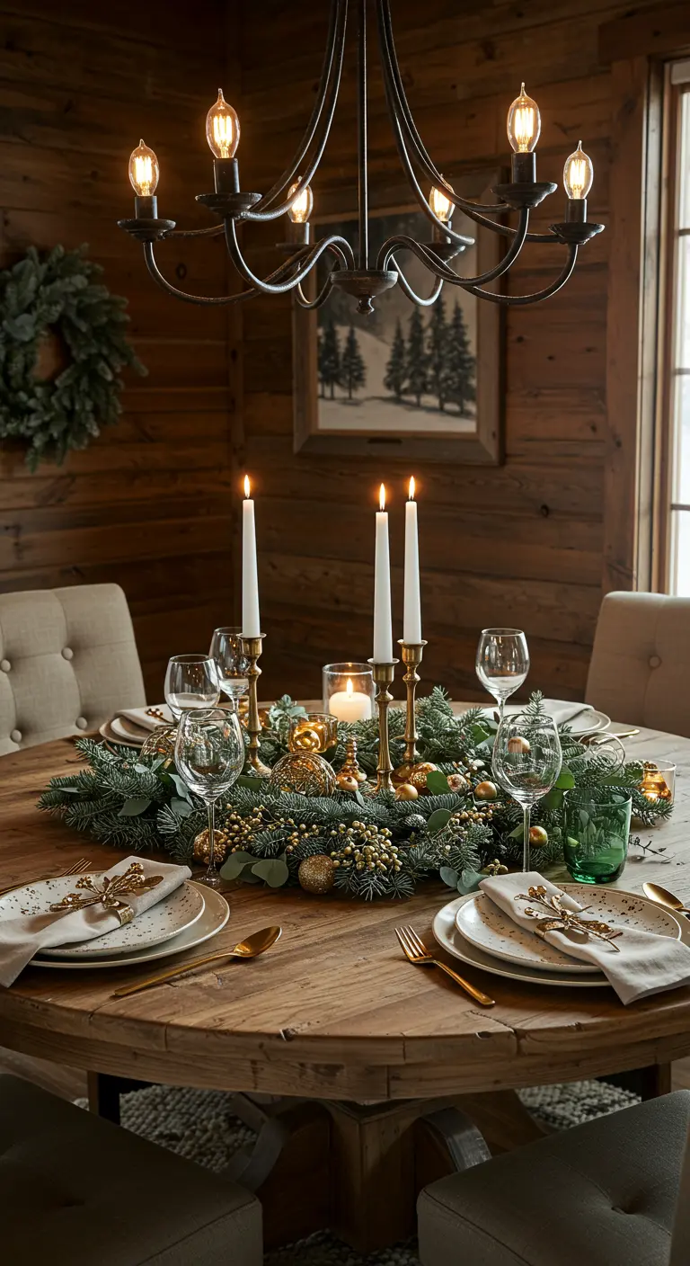 Table ronde en bois décorée d'une couronne de sapin, bougies blanches et touches dorées.