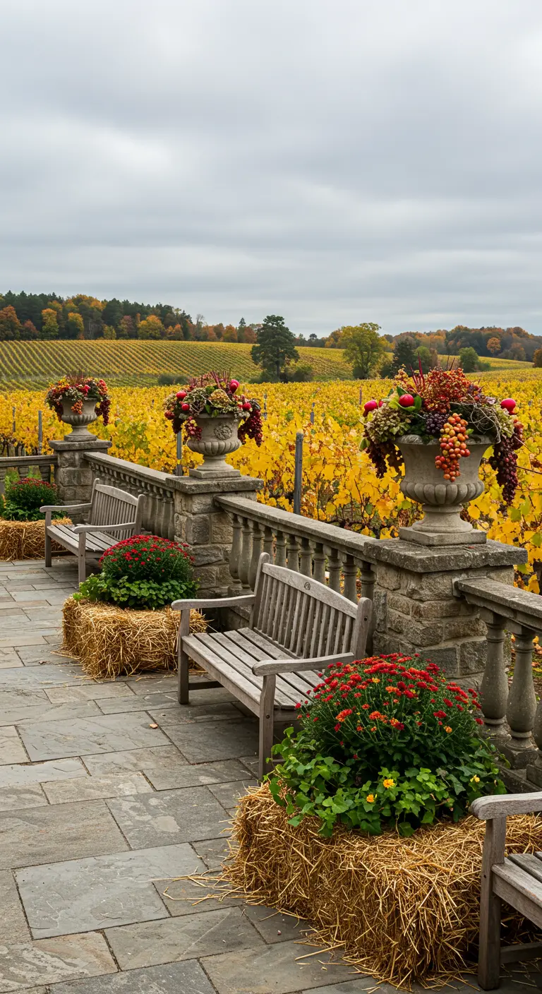 Terrasse en pierre surplombant un vignoble automnal, avec urnes florales, bancs en bois et bottes de paille.